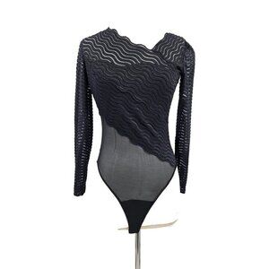 VTG Sagaie Black Bodysuit Womens 1 S? Sheer Made in France Top Long Sleeve